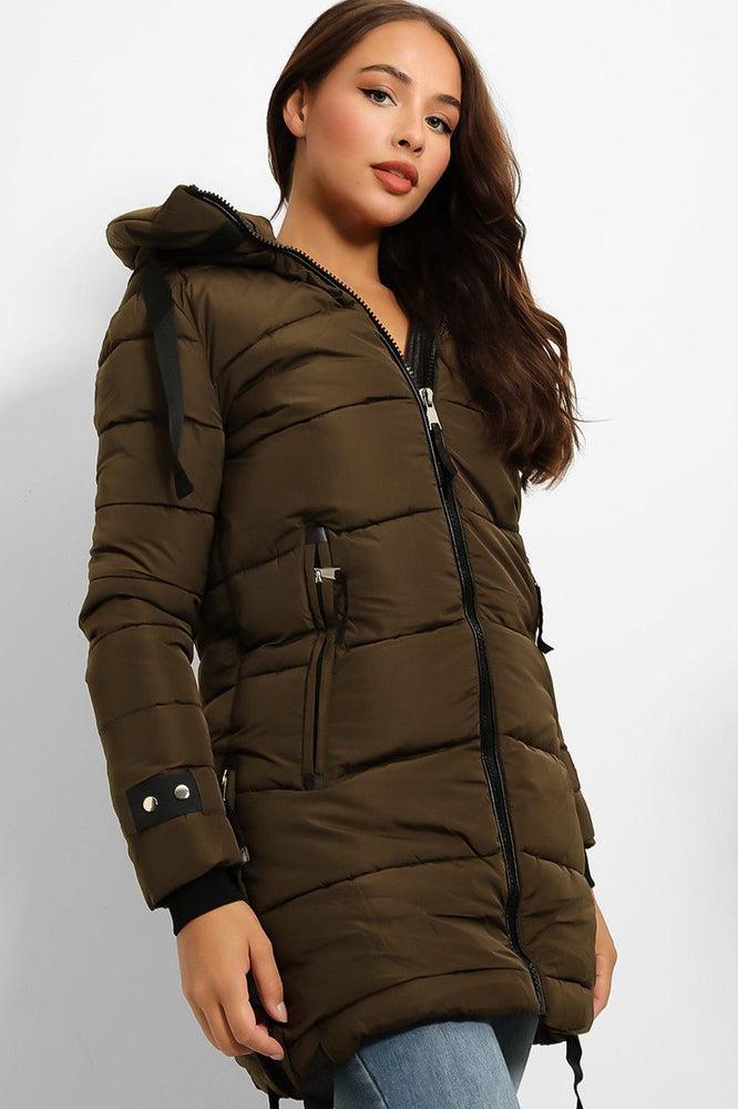 Contrast Black Details Hooded Midi Puffer Jacket-SinglePrice