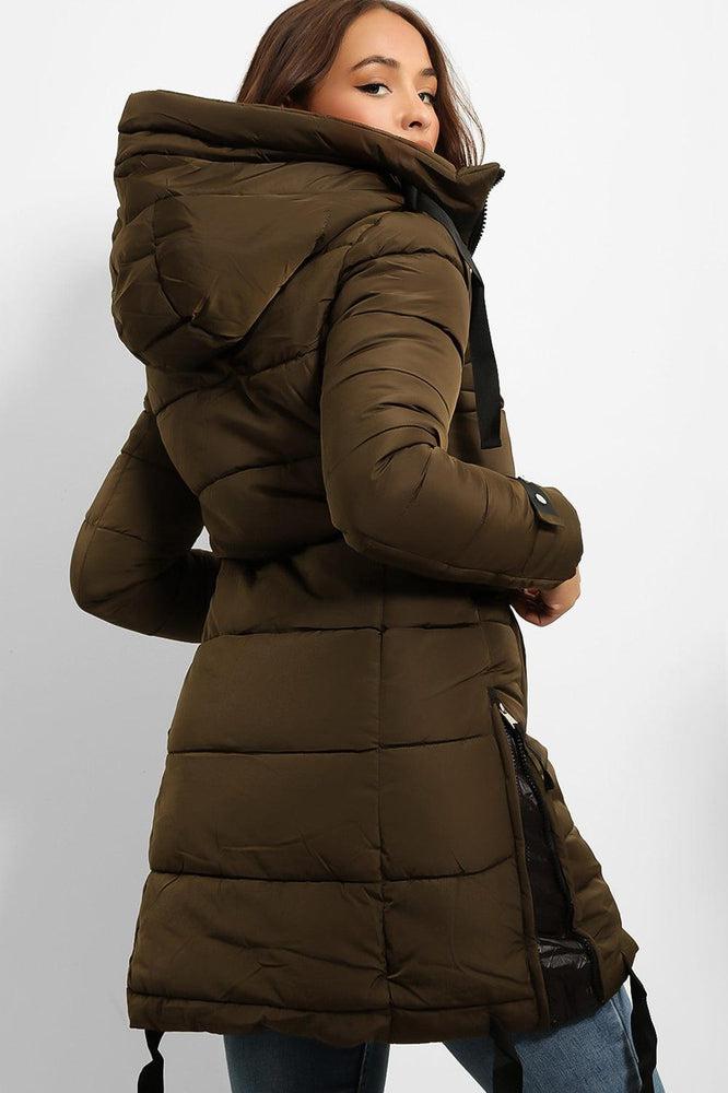 Contrast Black Details Hooded Midi Puffer Jacket-SinglePrice