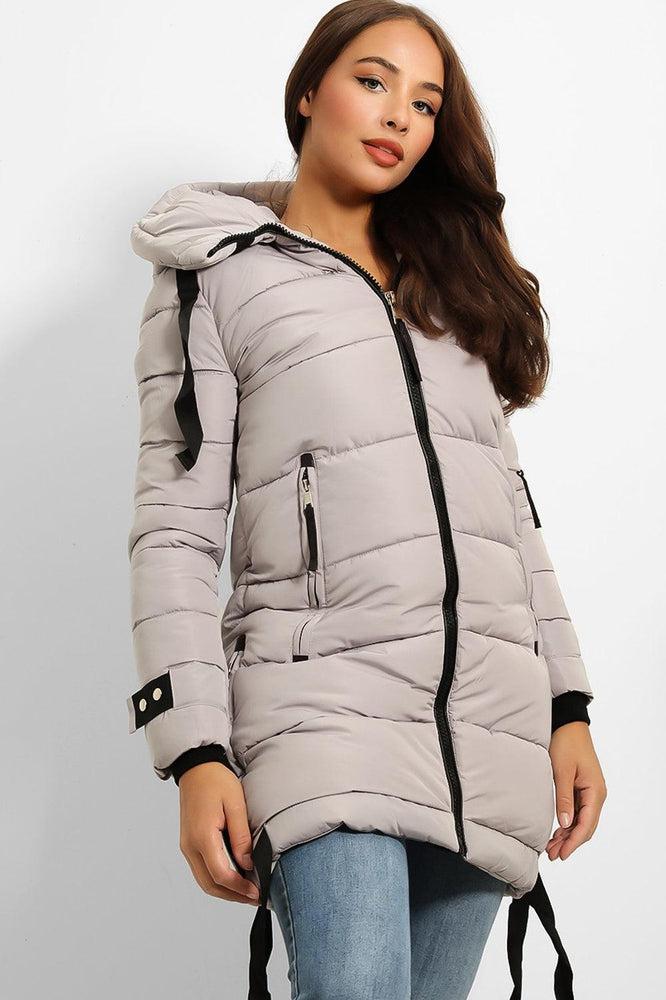 Contrast Black Details Hooded Midi Puffer Jacket-SinglePrice