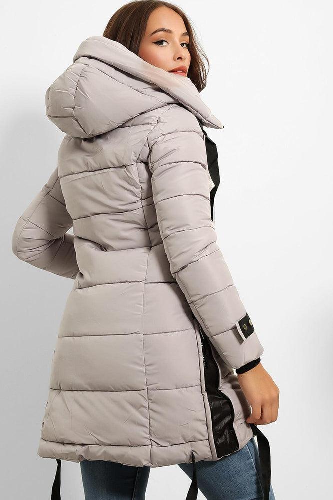 Contrast Black Details Hooded Midi Puffer Jacket-SinglePrice