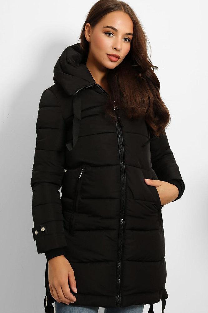 Contrast Black Details Hooded Midi Puffer Jacket-SinglePrice