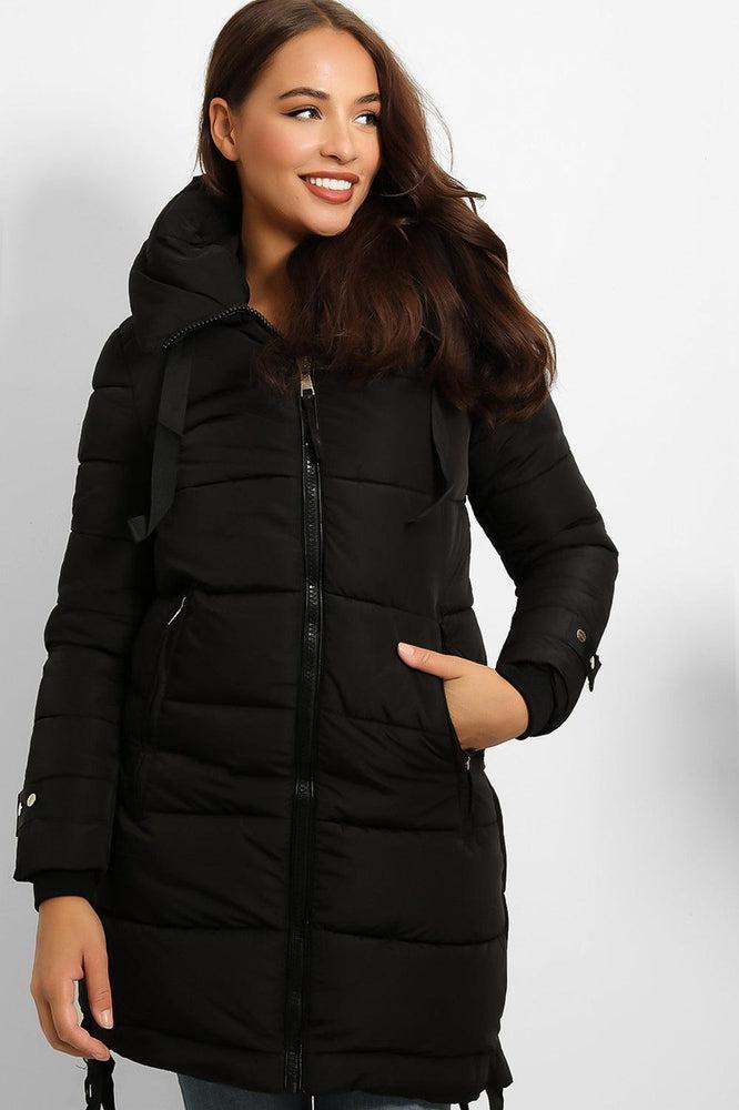 Contrast Black Details Hooded Midi Puffer Jacket-SinglePrice