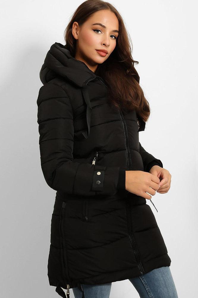 Contrast Black Details Hooded Midi Puffer Jacket-SinglePrice