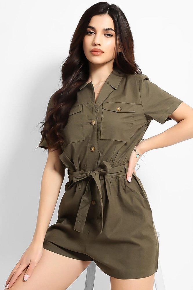 Khaki Thin Denim Button Down Waist Tie Playsuit-SinglePrice