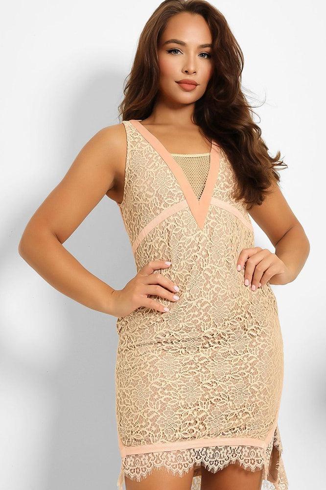 Nude Lace Mesh V-Neck Sleeveless Bodycon Dress-SinglePrice