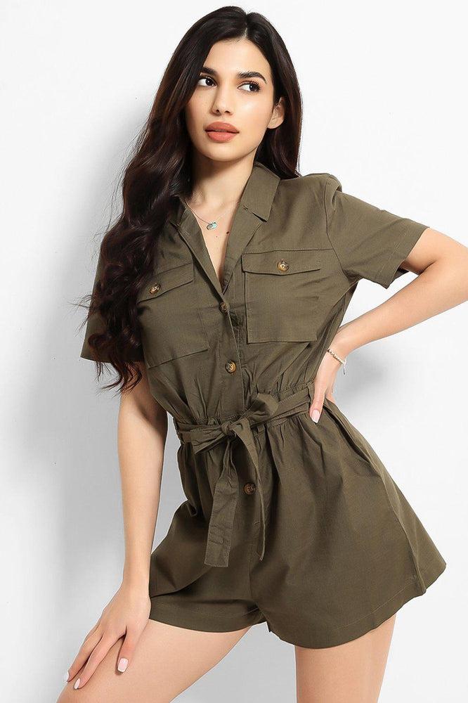 Khaki Thin Denim Button Down Waist Tie Playsuit-SinglePrice