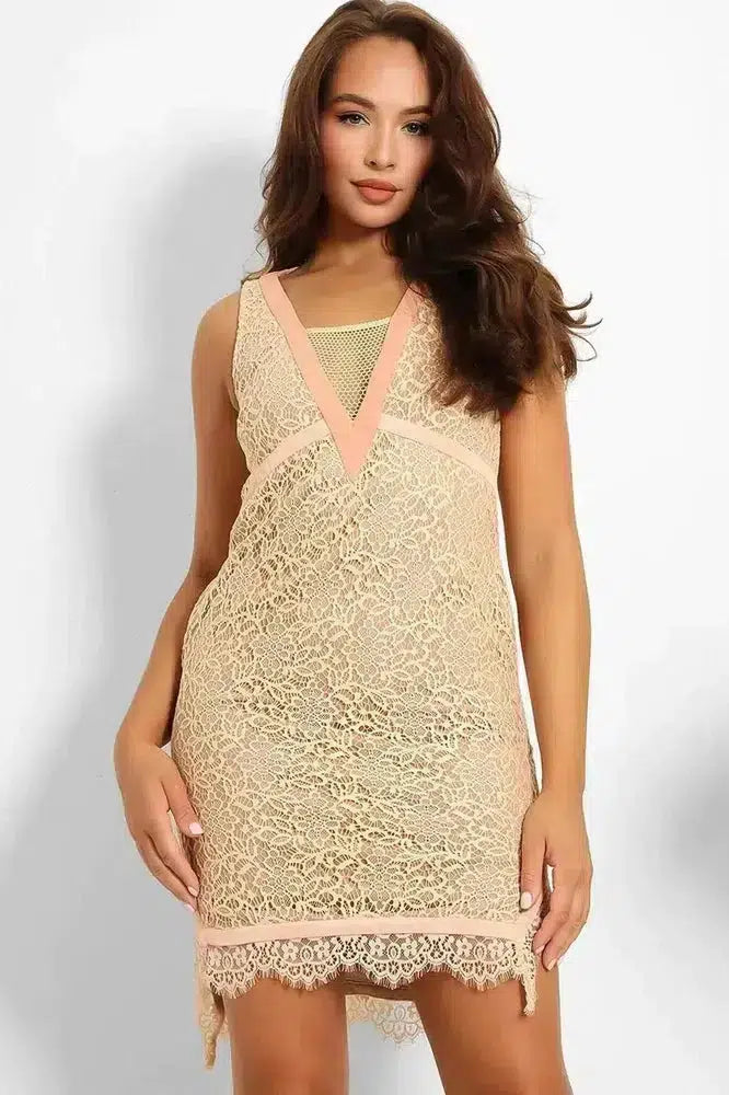 Nude Lace Mesh V-Neck Sleeveless Bodycon Dress-SinglePrice