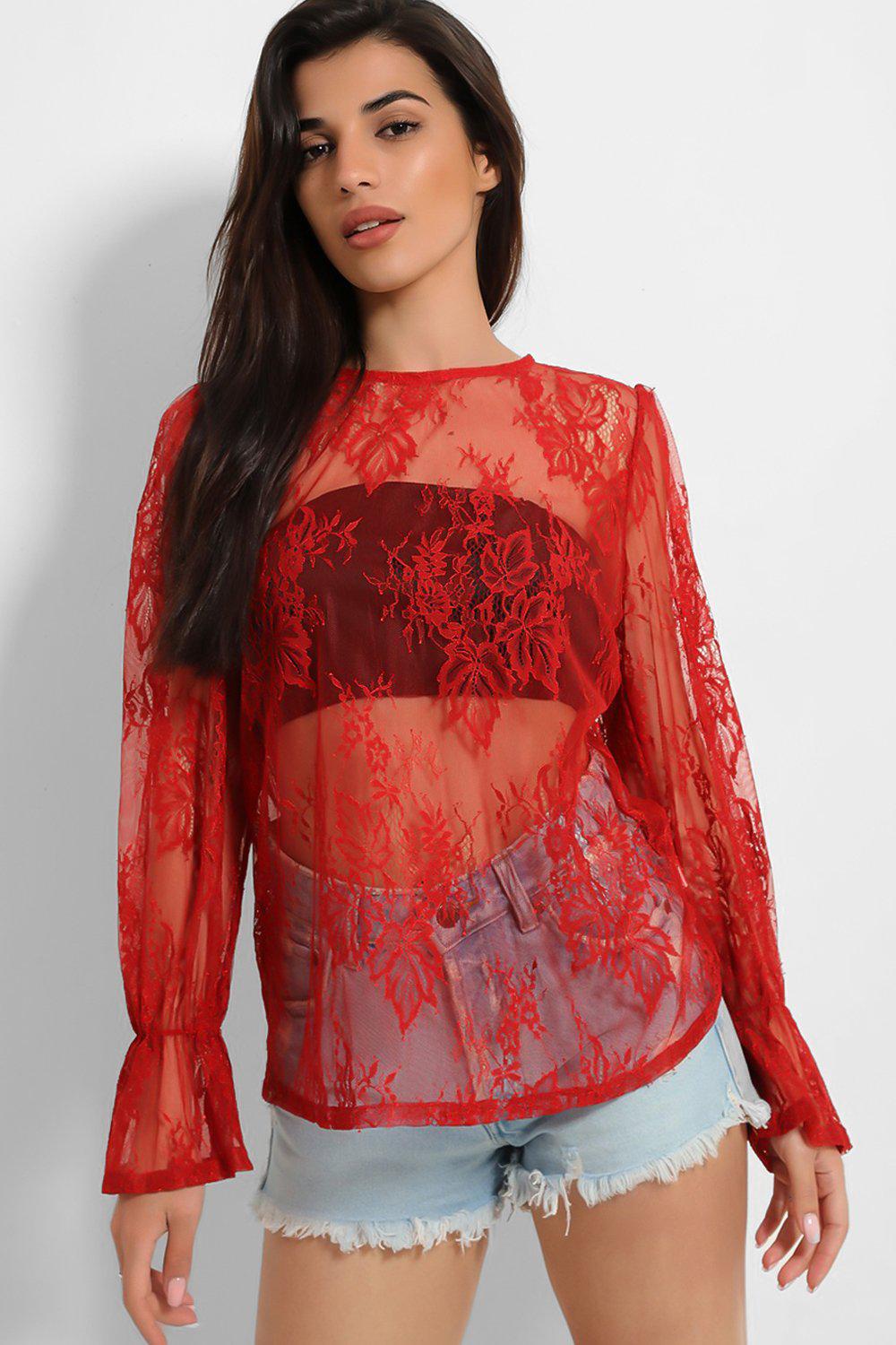 Dark Red Sheer Lace Blouse-SinglePrice