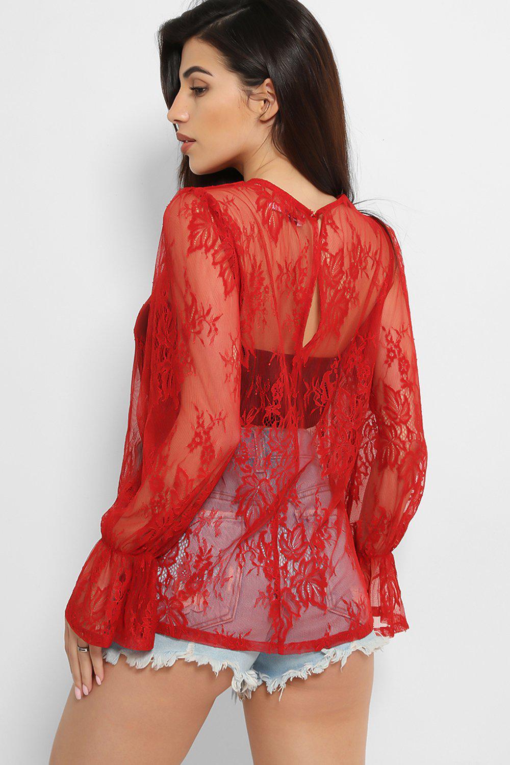 Dark Red Sheer Lace Blouse-SinglePrice