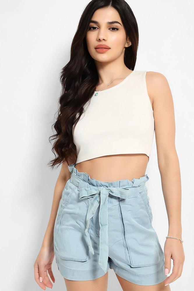 Light Blue Thin Denim Paperbag Waist Shorts-SinglePrice