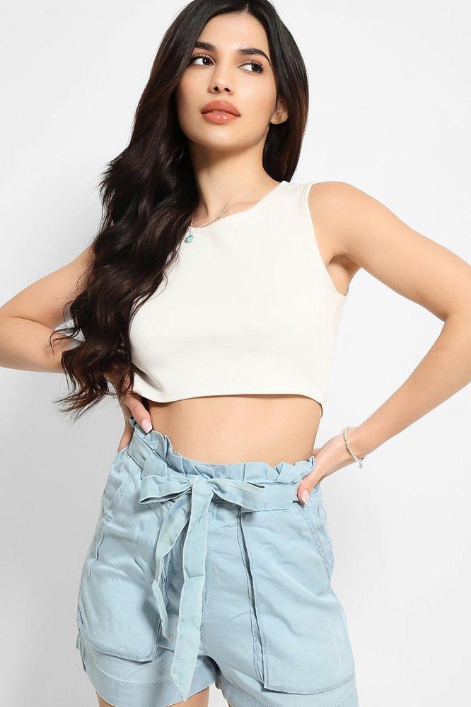 Light Blue Thin Denim Paperbag Waist Shorts-SinglePrice