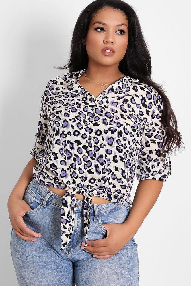 Cream And Lilac Leopard Front Tie Shirt-SinglePrice