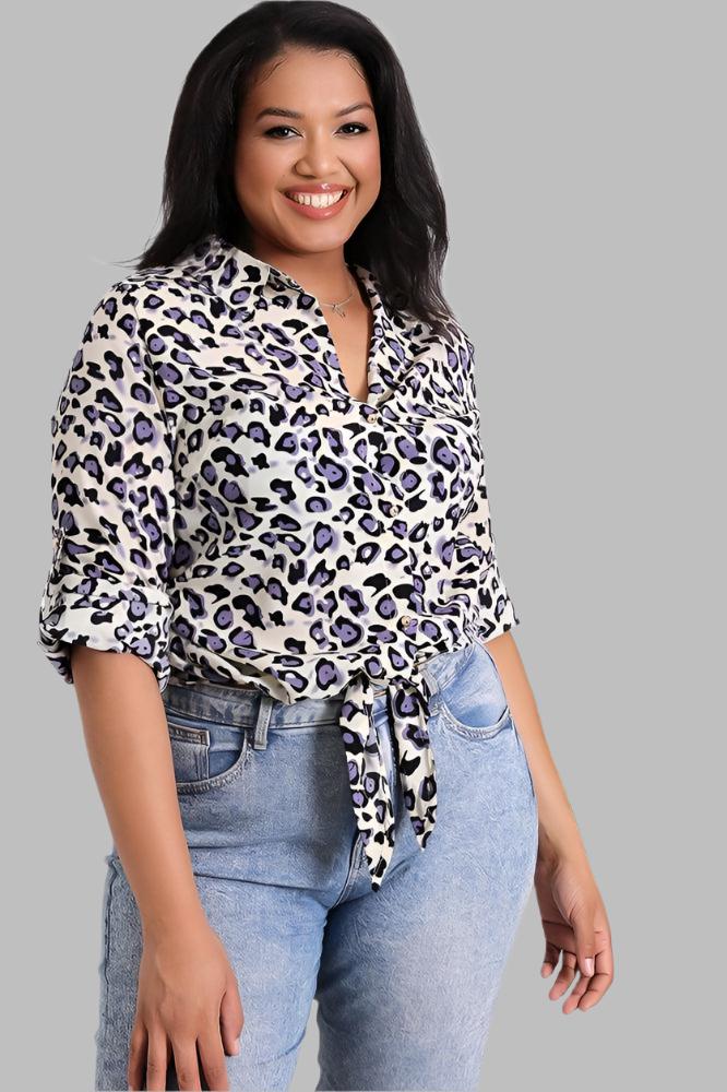 Cream And Lilac Leopard Front Tie Shirt-SinglePrice