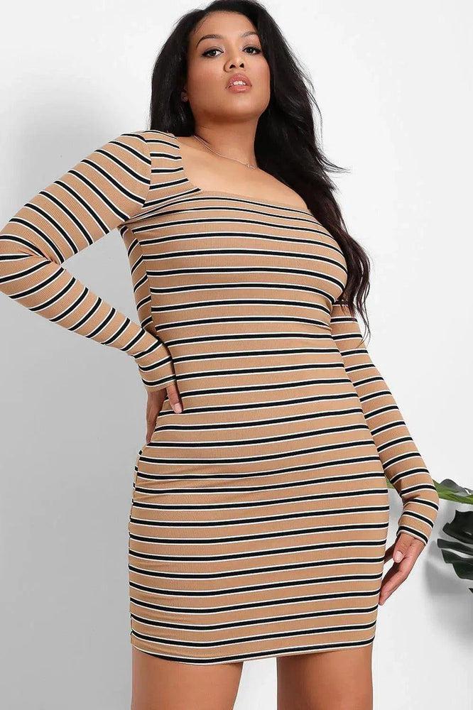 Beige Square Neckline Stripy Dress-SinglePrice
