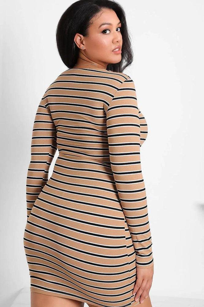 Beige Square Neckline Stripy Dress-SinglePrice