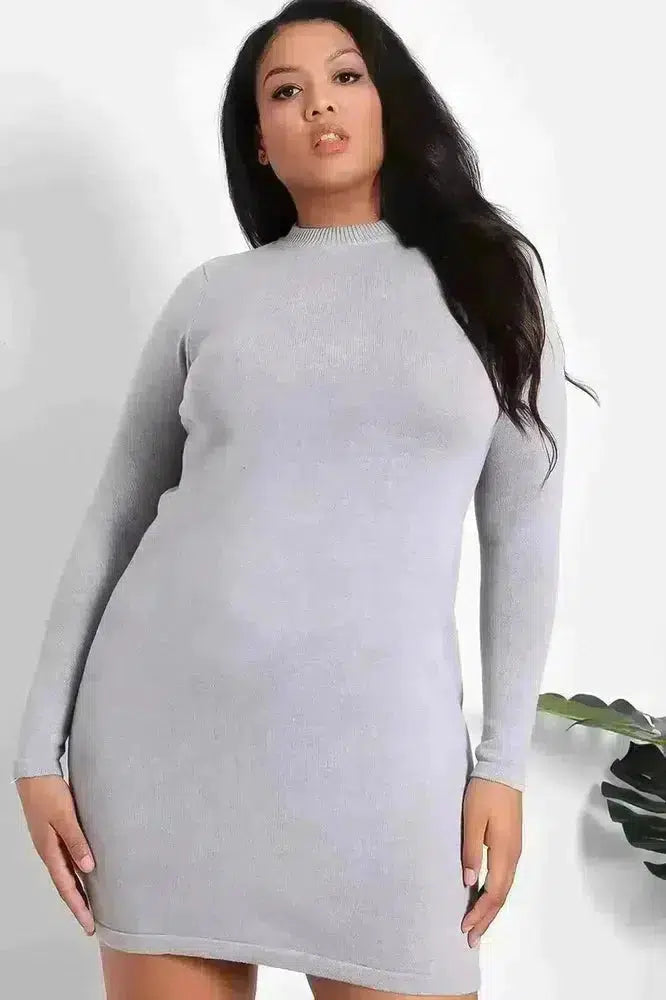 Solid Grey High Neck Knitted Jumper Dress-SinglePrice
