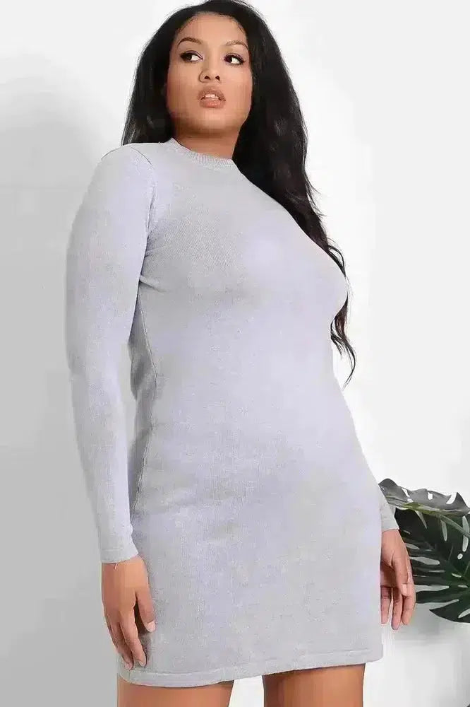 Solid Grey High Neck Knitted Jumper Dress-SinglePrice