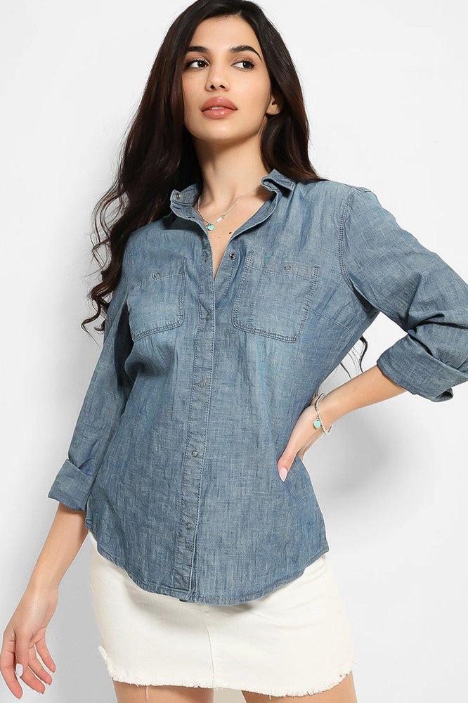 Blue Thin Denim Popper Button Shirt-SinglePrice