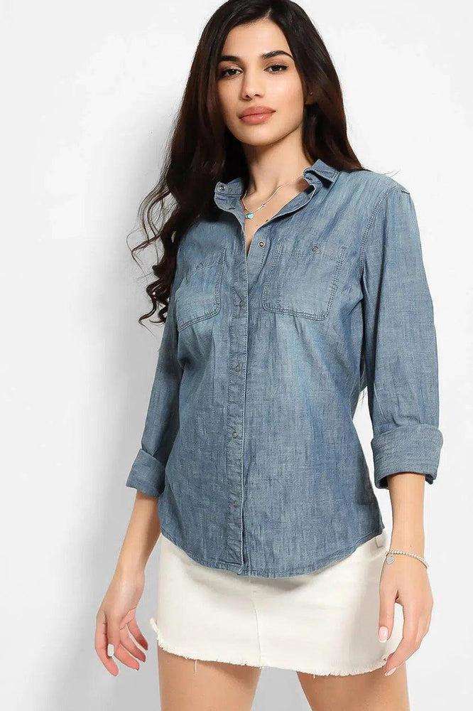 Blue Thin Denim Popper Button Shirt-SinglePrice