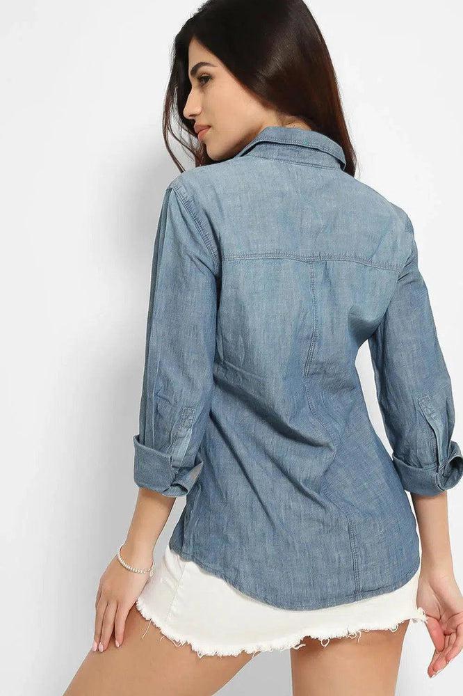 Blue Thin Denim Popper Button Shirt-SinglePrice