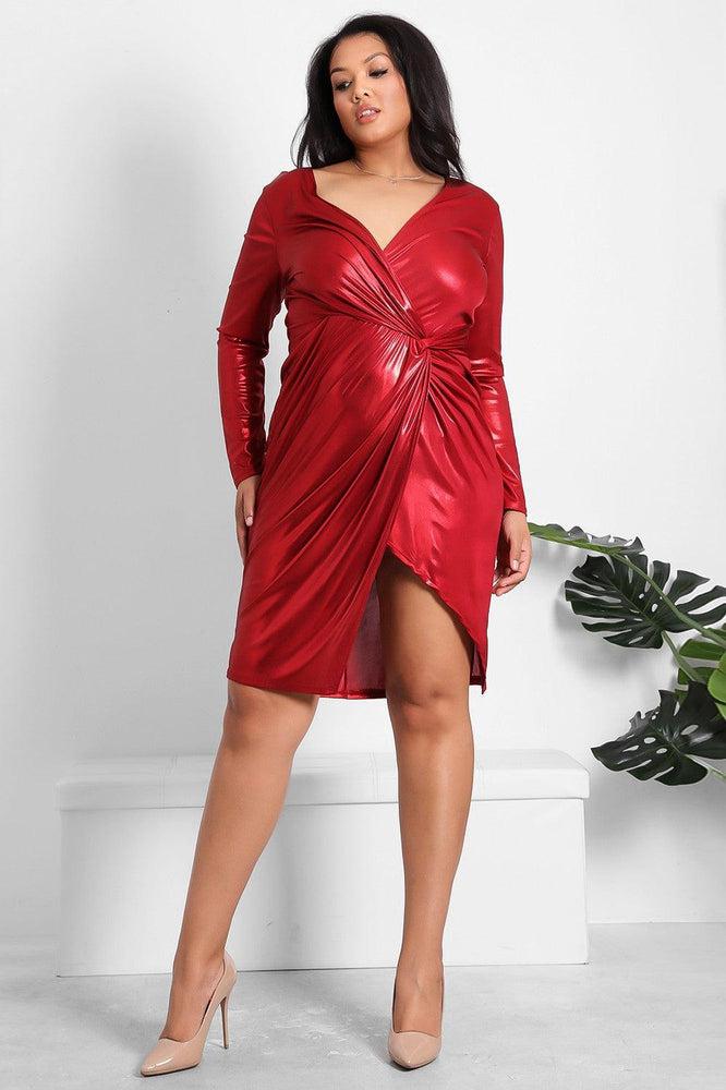 Red Metallic Shimmer Fixed Wrap Party Dress-SinglePrice