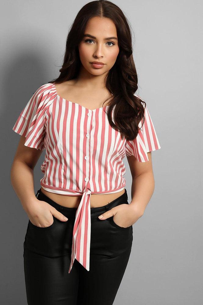 Buttoned & Tie Up Front Stripy Top-SinglePrice