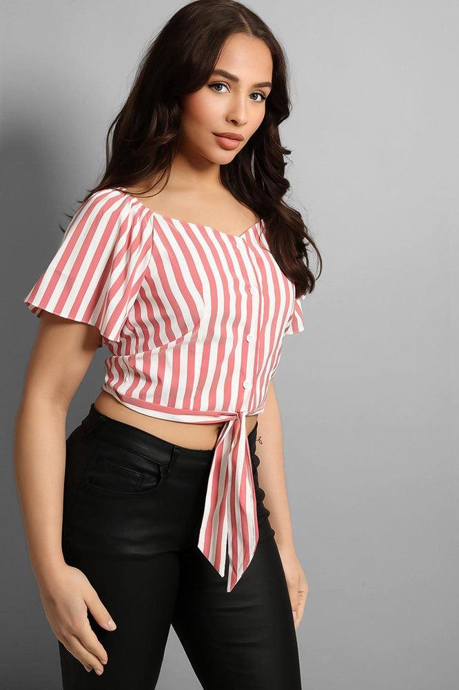 Buttoned & Tie Up Front Stripy Top-SinglePrice