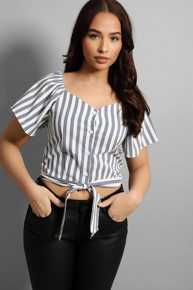 Buttoned & Tie Up Front Stripy Top-SinglePrice