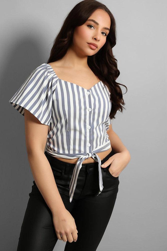 Buttoned & Tie Up Front Stripy Top-SinglePrice