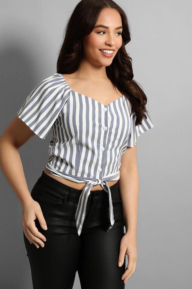 Buttoned & Tie Up Front Stripy Top-SinglePrice