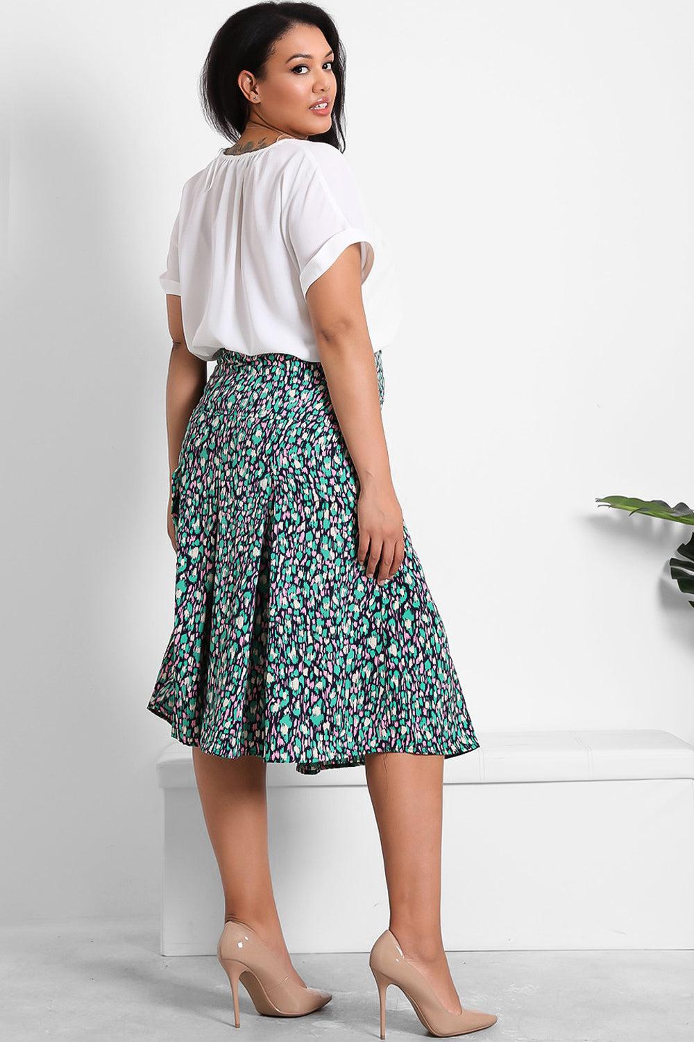 Green Pink Brush Strokes Print Satin Skirt-SinglePrice