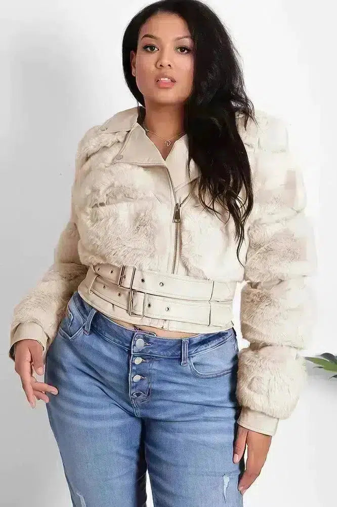 Faux Fur And Vegan Leather Double Belt Biker Jacket-SinglePrice