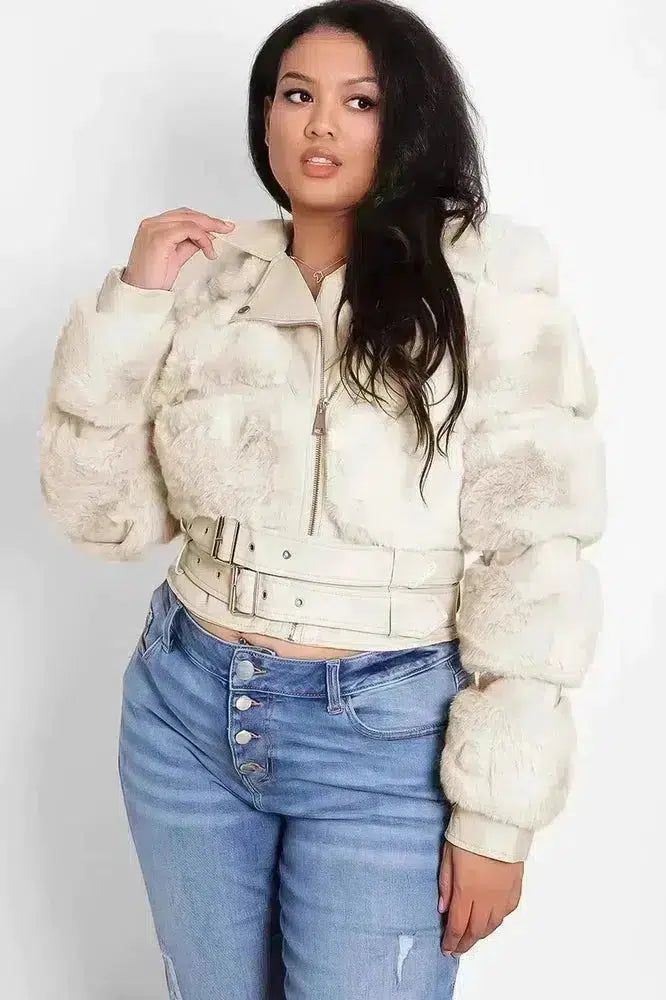 Faux Fur And Vegan Leather Double Belt Biker Jacket-SinglePrice