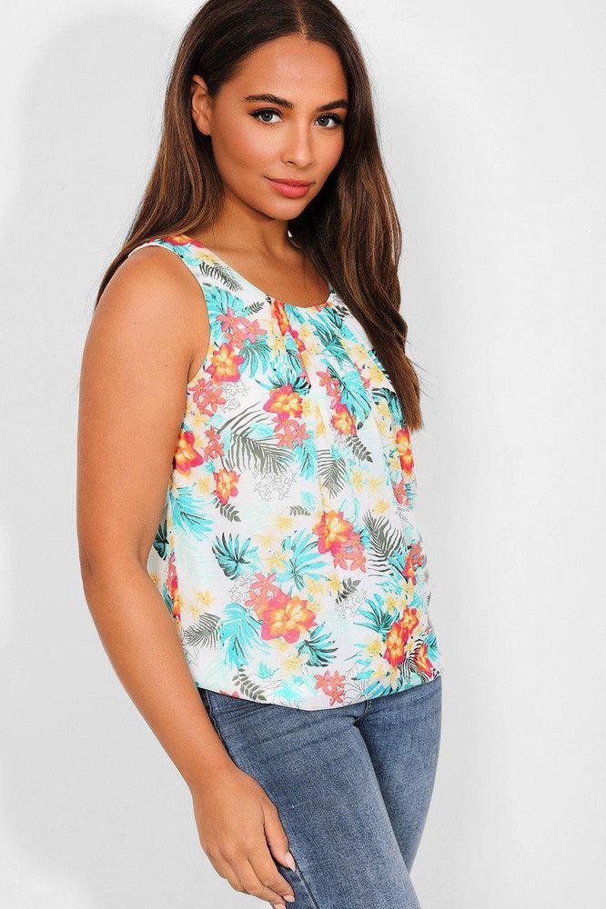 Tropical Print White Chiffon Sleeveless Top-SinglePrice