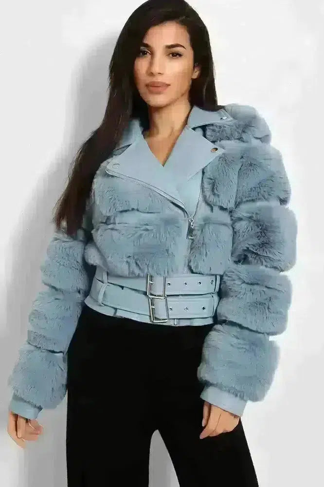 Faux Fur And Vegan Leather Double Belt Biker Jacket-SinglePrice