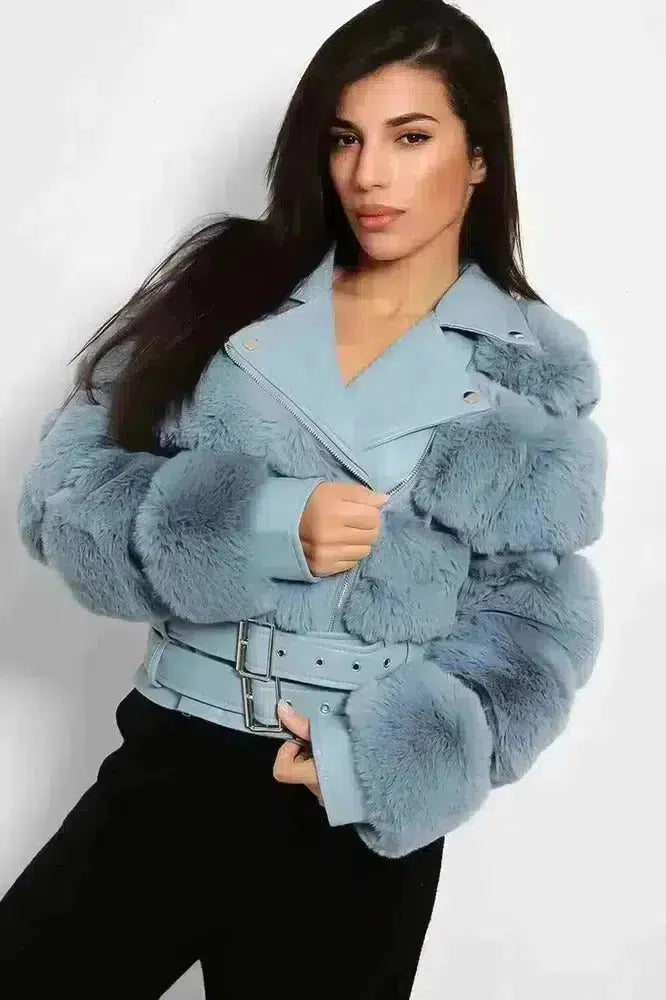 Faux Fur And Vegan Leather Double Belt Biker Jacket-SinglePrice