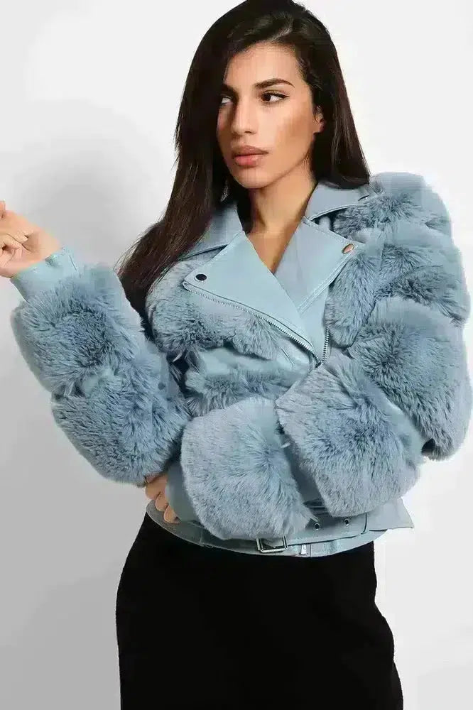 Faux Fur And Vegan Leather Double Belt Biker Jacket-SinglePrice