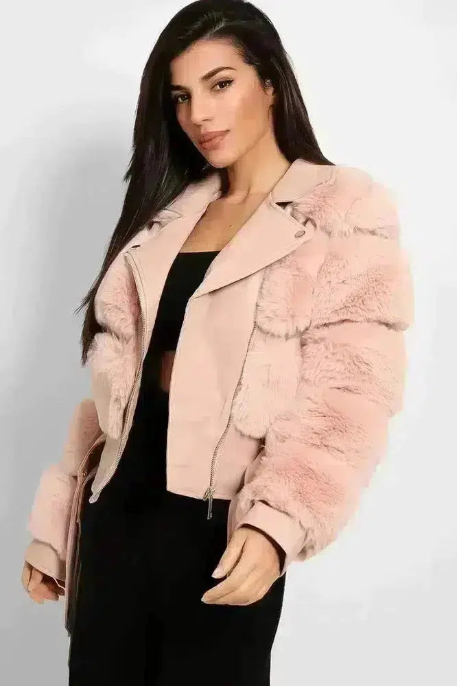 Faux Fur And Vegan Leather Double Belt Biker Jacket-SinglePrice