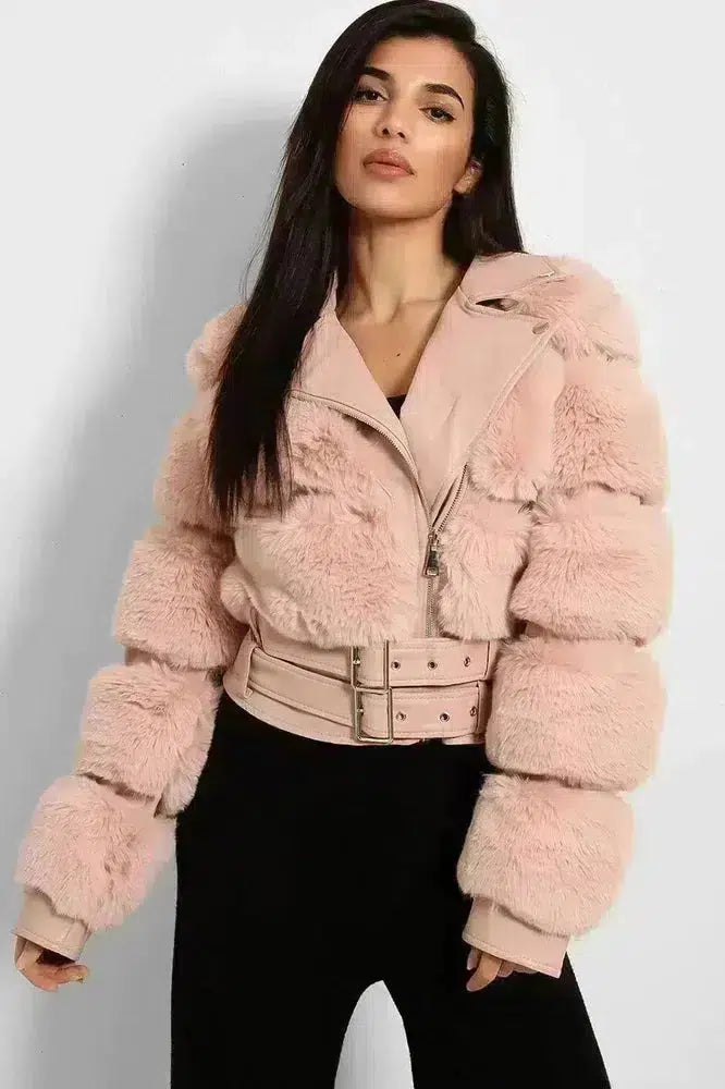 Faux Fur And Vegan Leather Double Belt Biker Jacket-SinglePrice