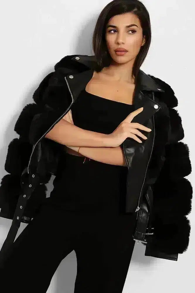 Faux Fur And Vegan Leather Double Belt Biker Jacket-SinglePrice