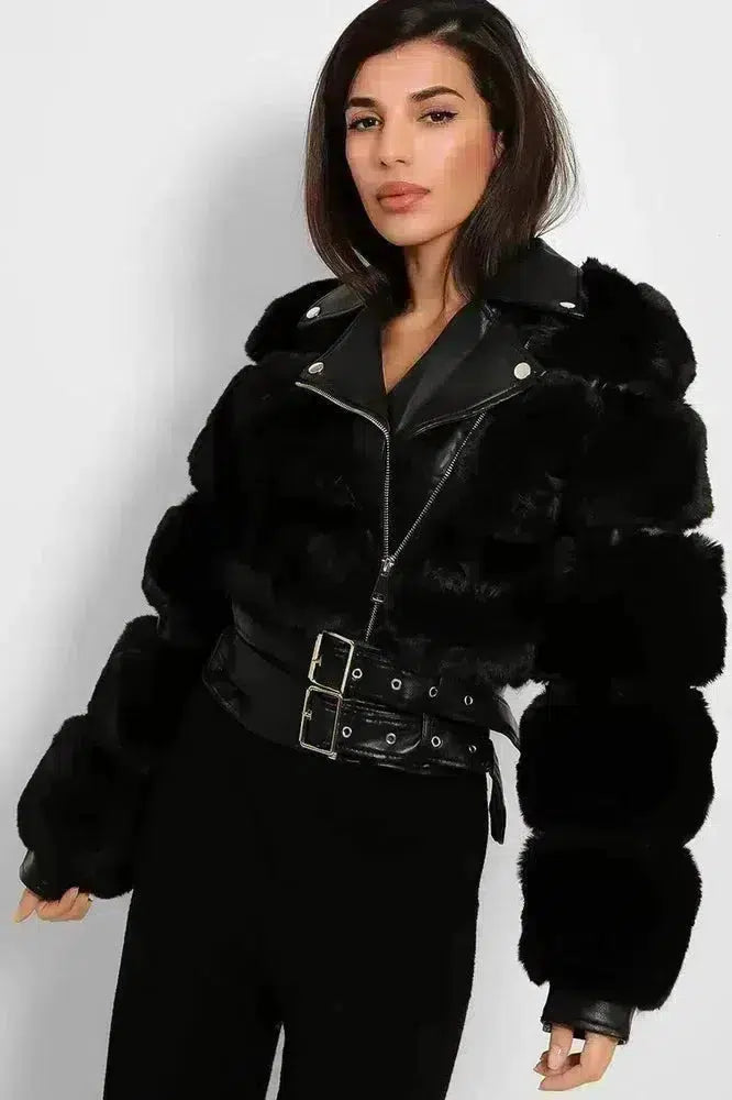 Faux Fur And Vegan Leather Double Belt Biker Jacket-SinglePrice