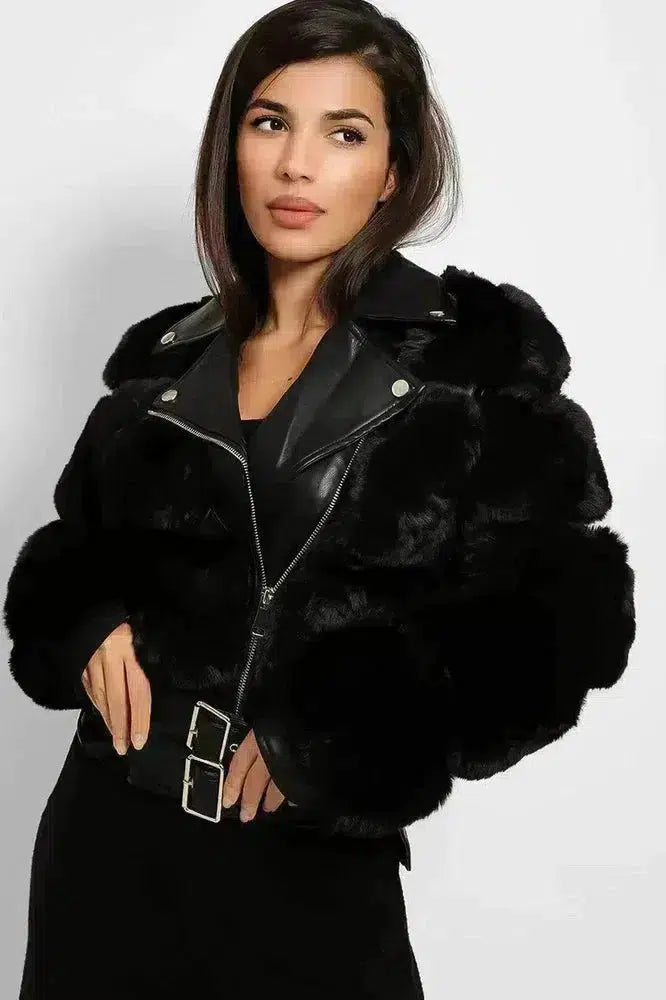 Faux Fur And Vegan Leather Double Belt Biker Jacket-SinglePrice