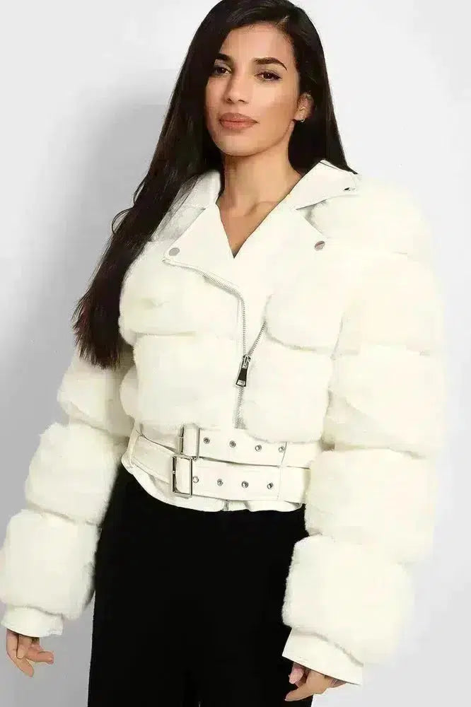 Faux Fur And Vegan Leather Double Belt Biker Jacket-SinglePrice