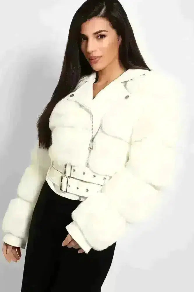 Faux Fur And Vegan Leather Double Belt Biker Jacket-SinglePrice