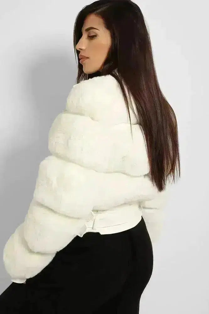 Faux Fur And Vegan Leather Double Belt Biker Jacket-SinglePrice