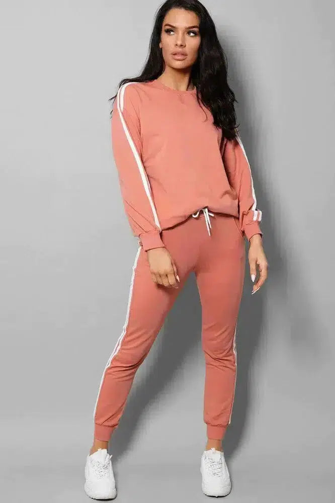 Peach Slogan Back Side Twin Stripe Detail 2 Piece Tracksuit-SinglePrice