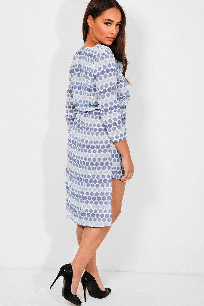 Blue Polka Dot Print Dip Hem Chiffon Dress-SinglePrice