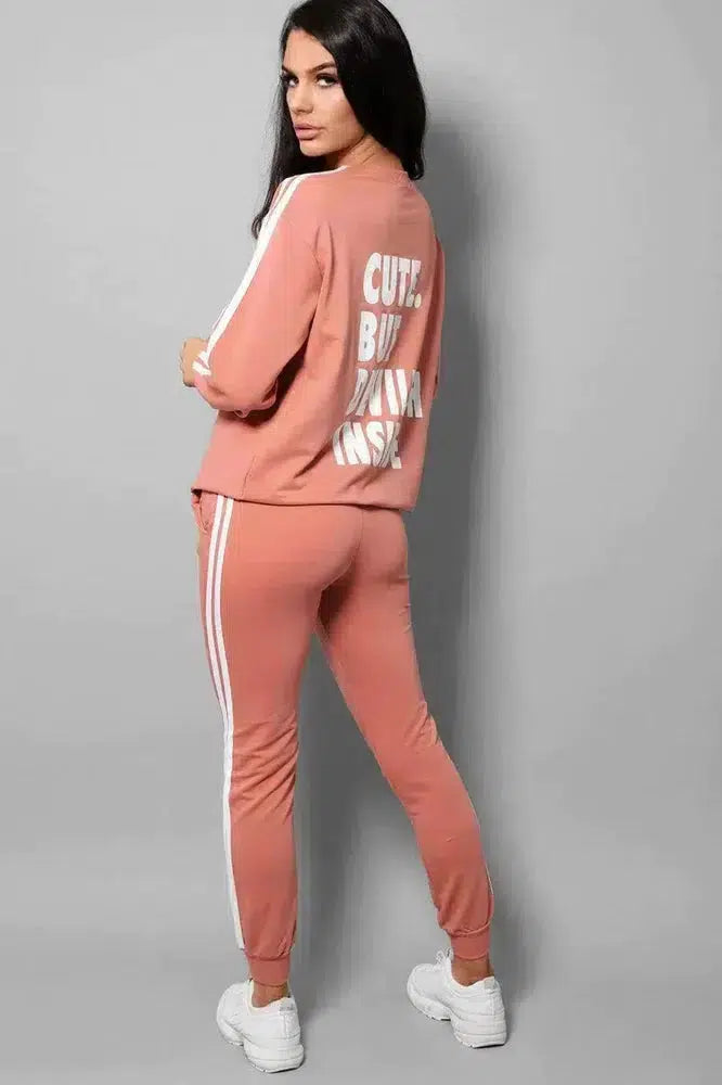 Peach Slogan Back Side Twin Stripe Detail 2 Piece Tracksuit-SinglePrice