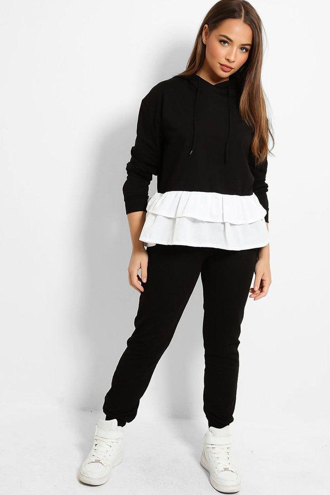Black Shirt Frill Hem Hooded Tracksuit Loungewear-SinglePrice