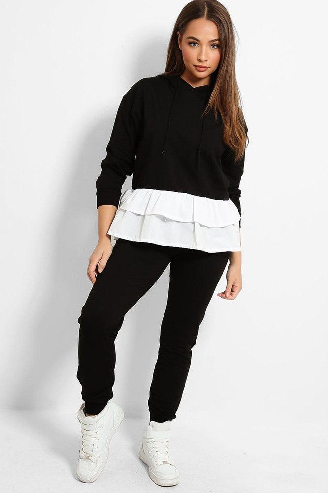 Black Shirt Frill Hem Hooded Tracksuit Loungewear-SinglePrice